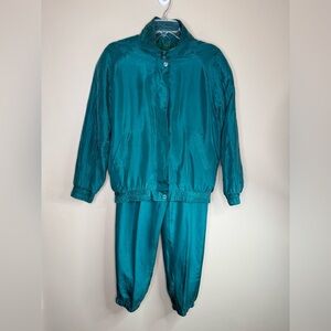 Diana D'or 100% Silk Teal 2-Piece Set Vintage 80s/90s Zip Front Size Medium